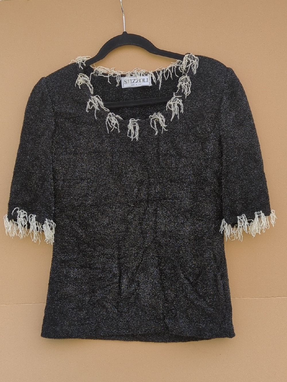 Stizzoli Glitter Evening Top Fringe Shoulder Pads 42 Black Italian Luxury Retro